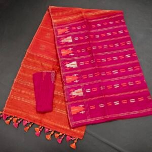Magenta color half silk jamdani saree with blouse piece