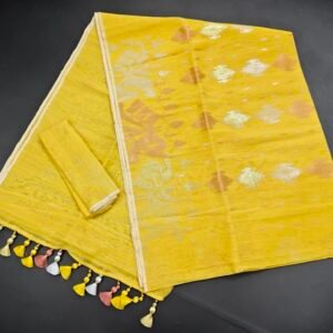 Bright Yellow color half silk jamdani saree with blouse piece