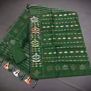 Bottle Green color half silk jamdani saree with blouse piece
