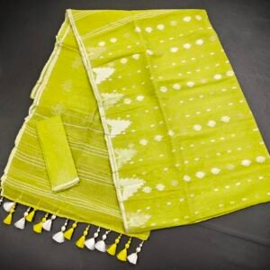 Lime Green color half silk jamdani saree with blouse piece