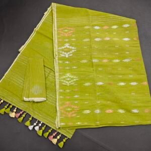 Lime Green color half silk jamdani saree with blouse piece