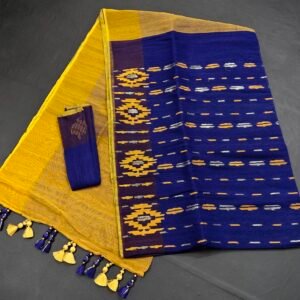 Blue color half silk jamdani saree with blouse piece