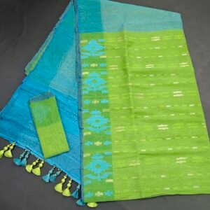 Parrot Green color half silk jamdani saree with blouse piece