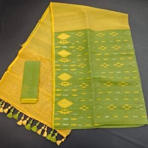 Olive Green color half silk jamdani saree with blouse piece