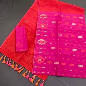 Magenta color half silk jamdani saree with blouse piece