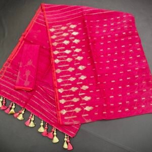 Magenta color half silk jamdani saree with blouse piece