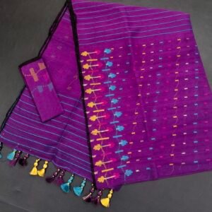 Violet color half silk jamdani saree with blouse piece