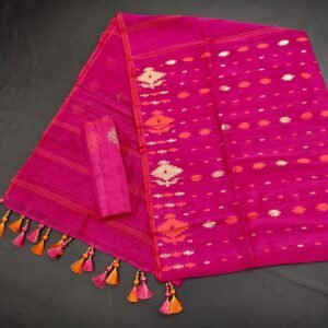 Magenta color half silk jamdani saree with blouse piece