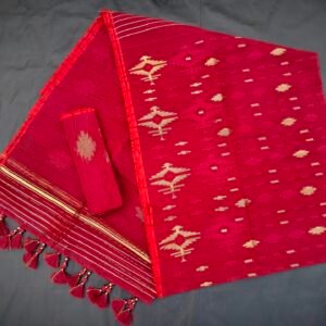Meron (Redish) color half silk jamdani saree with blouse piece
